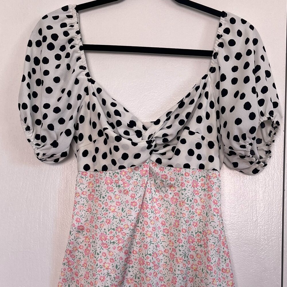 Miss Selfridge open back mini dress, florals and polka dots, size 6
